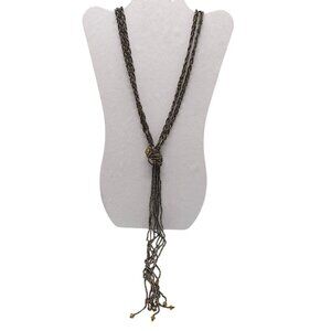 Beaded Multi-Strand Knot Necklace With Amber Glass Accents Tassels Bohemian